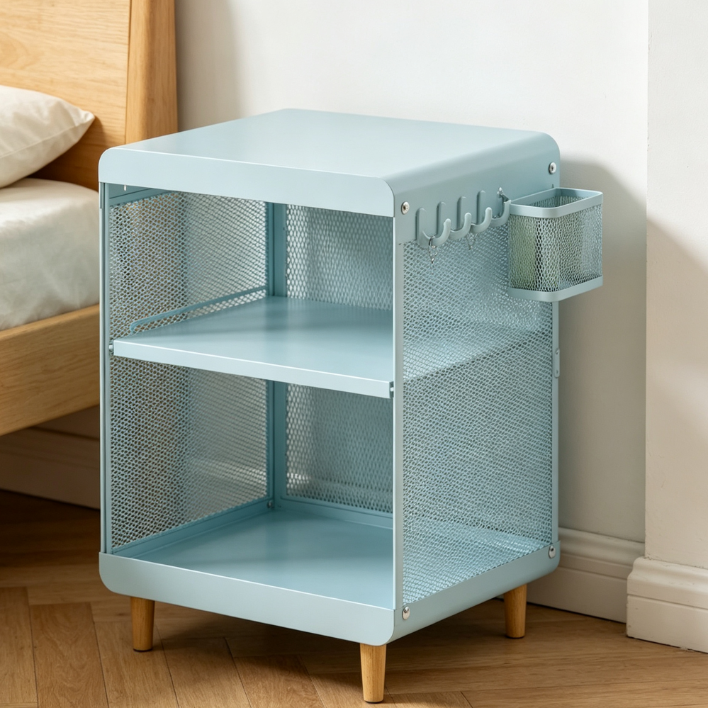 Mint Green Metal Kids Nightstand 3-Tier 4 Hooks